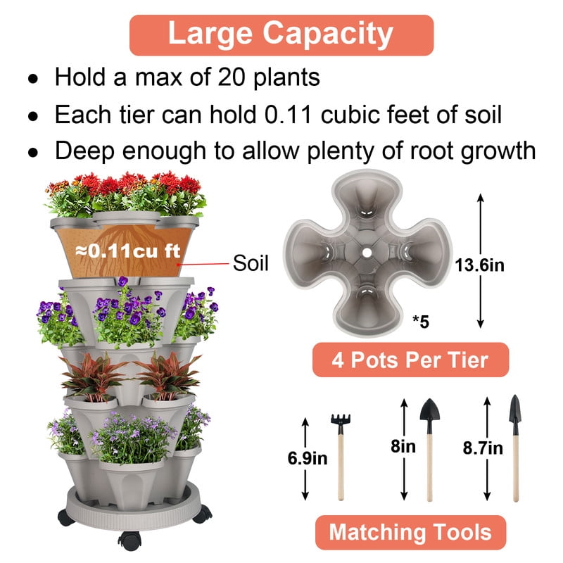 DUNCHATY 5 Tier Stackable Growing System for Strawberries and Herbs, High-Capacity Vertical Planter Tower, Outdoor Raised Garden Bed Alternative with Drainage Holes (Agreeable Gray)