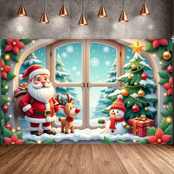 Colorful Design Christmas Banner Santa Theme Santa Claus Banner Reindeer Pattern Snowman Design Holiday Backdrop for Christmas Party Home Decoration Family Gathering