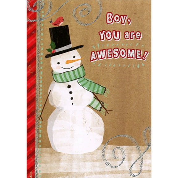 Designer Greetings Smiling Snowman, Red Bird on Top Hat on Brown Juvenile Christmas Card for Young Boy