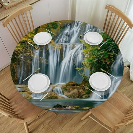 

Patifu Waterfall Forest Foliage Round Table Cover Stain Resistant Washable Indoor Outdoor Tablecloth Kitchen Dining Wedding Parties 100% Polyester with Elastic Edge Waterproof Fabric 54 -58