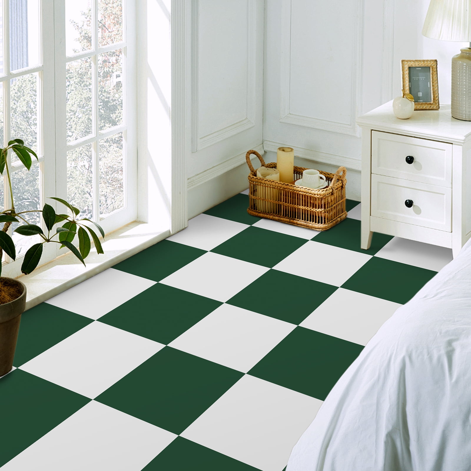 Abyssaly 12" x 12" (20Pcs) Peel and Stick Floor Tile Vinyl Flooring Checkered Floor Tile Suit for Bathroom and Kitchen (Green and White)