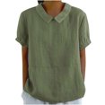 thumbnail image 2 of Pincandy Women's Solid Summer Linen Loose Lapel Doll Neck Cute Shirt Top Short Sleeve Polo Shirts Collared V Neck Button Summer Casual Top,Green,3XL, 2 of 6