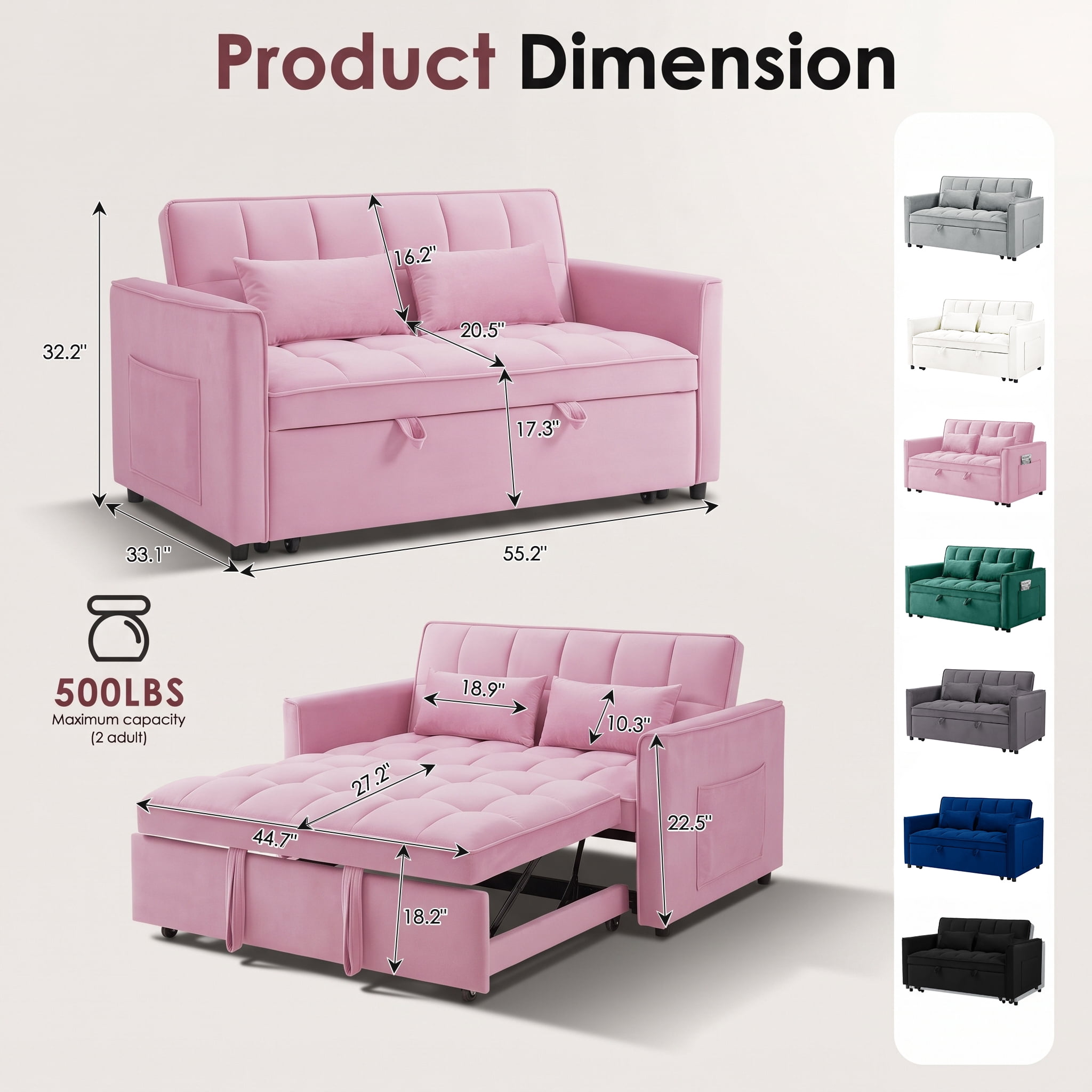 avobird 3 in 1 Convertible Sleeper Futon Sofa Bed, 55" Pull Out Sofa Bed with Storage Pocket/Side Pocket/2 Pillows for Living Room, Pink