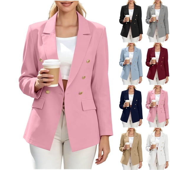Lolmot Slim Fit Women's Business Blazer Casual Solid Double Breasted Work Jackets with Pockets Notched Lapel Office Suit Coat