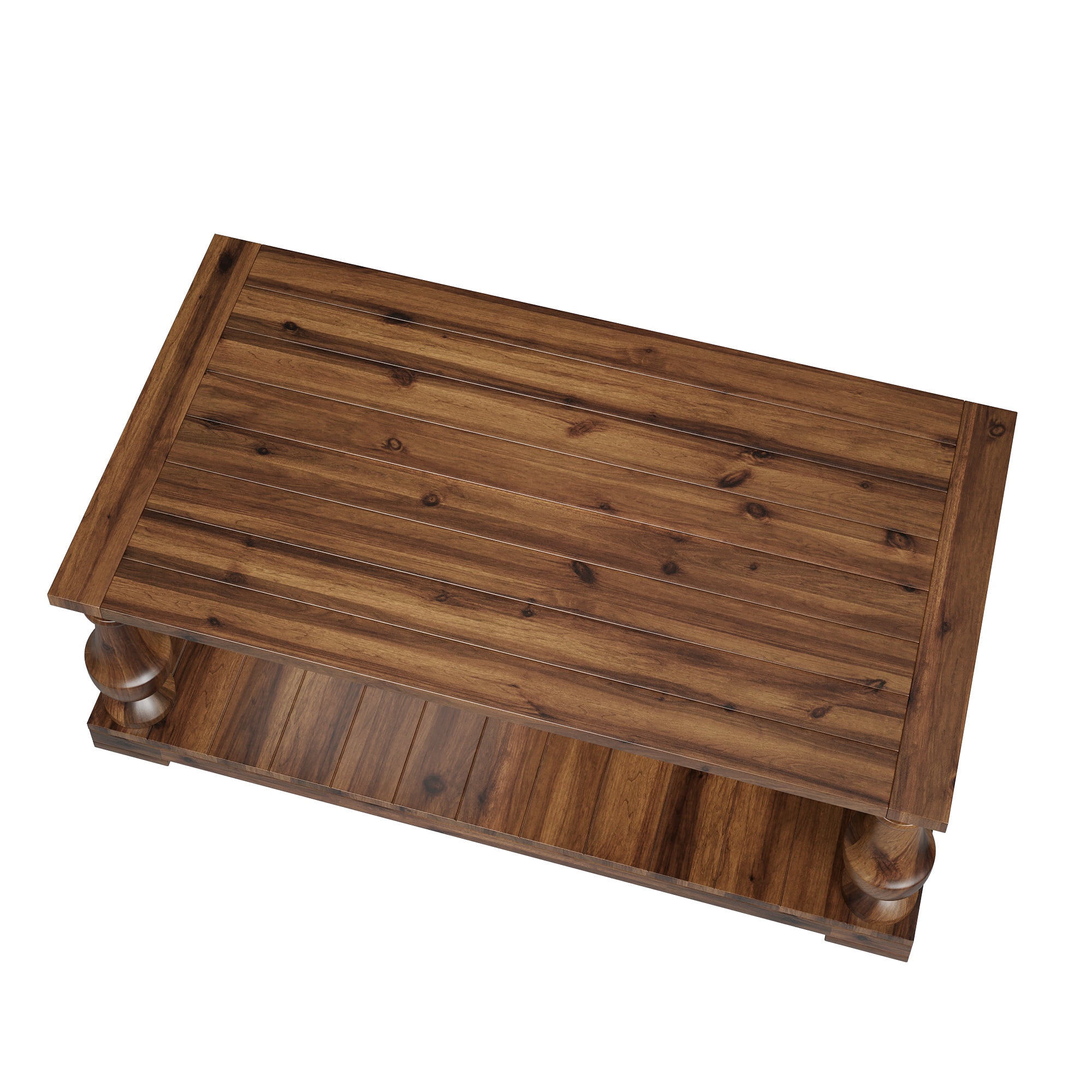 GARITIN Farmhouse Coffee Table with Storage Shelf, Solid Wood Turned Legs, 2-Tier Rustic Wood Center Table for Living Room, Walnut