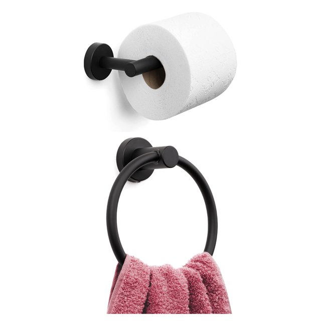 Marmolux Acc Juego De Accesorios De Baño De 2 Piezas, Color Negro Mate, Soporte Para Toallas De Mano Para Pared De Baño + Soporte De Pared Para Papel Higiénico Negro | Toallero, Perchero, Juego De Bañ