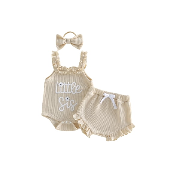 BemeyourBBs Newborn Baby Girls Little Sister Outfit Waffle Knit Ruffle Romper Little Sis Letter Embroidery Ruffle Sleeveless Infant Bodysuit and Shorts Headband Set Cute Baby Girl Summer Clothes