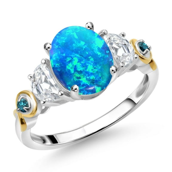 Gem Stone King 925 Silver and 10K Yellow Gold 3-Stone Ring Oval Cabochon Blue Simulated Opal and Moissanite (1.07 Cttw, Size 9)