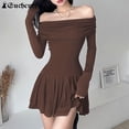 thumbnail image 3 of Vestido mini de estilo grunge de Fairycore, con hombros descubiertos, manga larga, plisado, elegante, ajustado, color liso, para fiesta., 3 of 6
