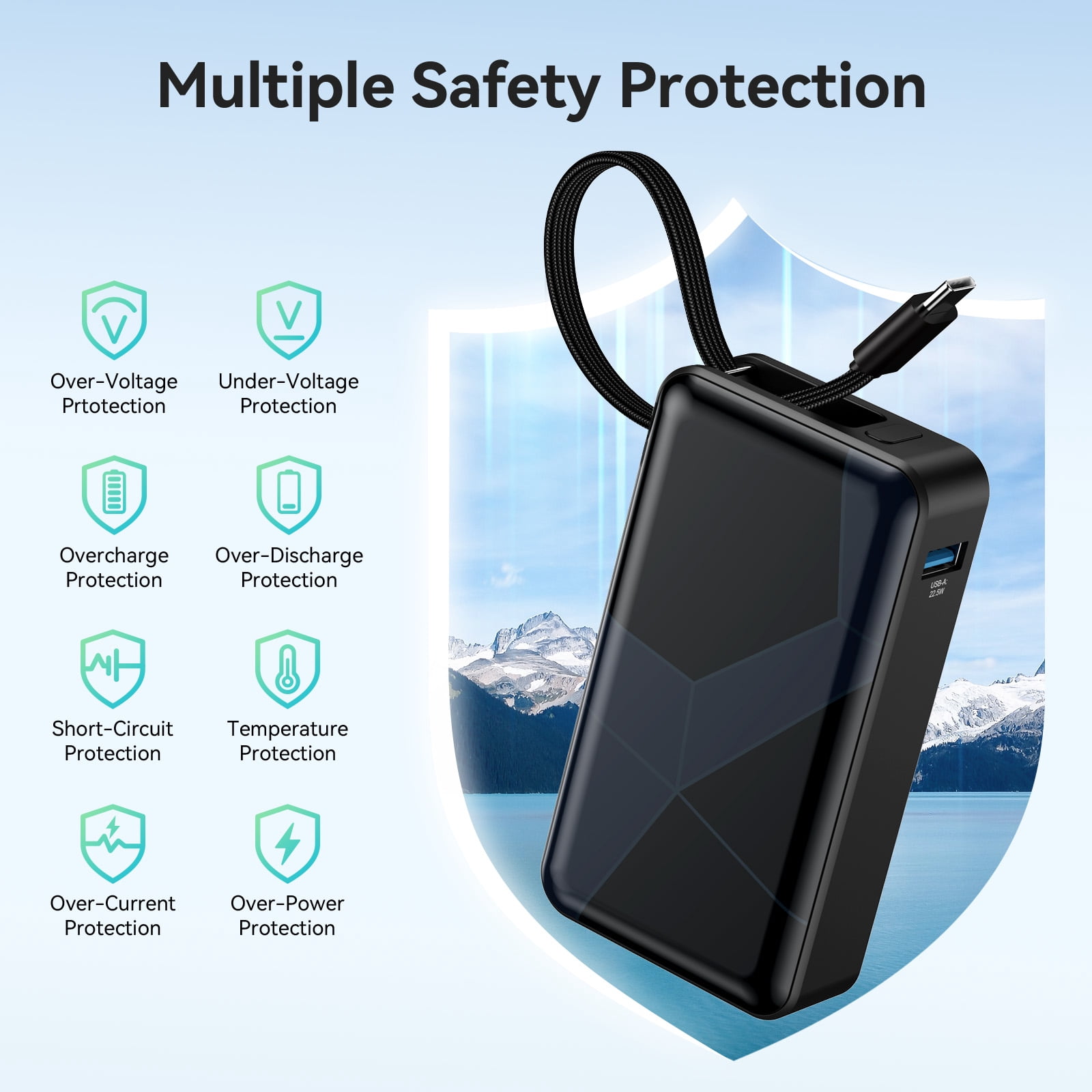 Portable Charger Power Bank, 10,000mAh PD 30W Fast Charging External Battery Pack with Built-in USB-C Cable, Travel Phone Charger with USB-C&A Output Compatible with iPhone, iPad, Samsung & More