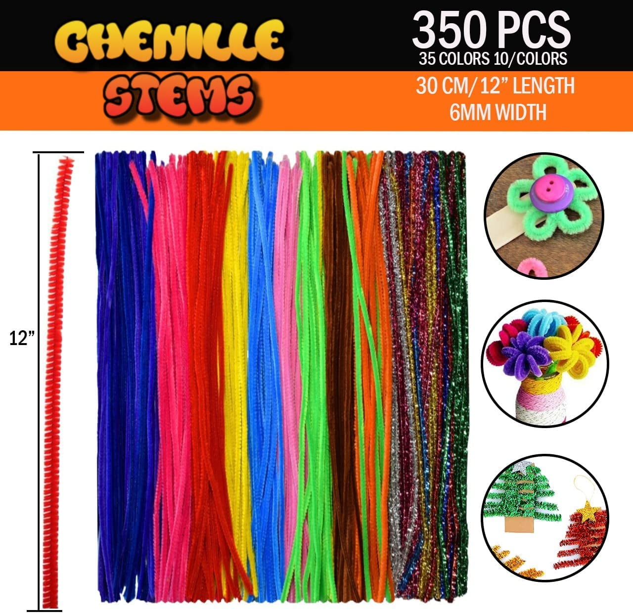 Black Pipe Cleaners Craft Chenille Stems for DIY Art Supplies, 350-Count