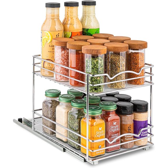 HOLDN’ STORAGE Pull-Out Cabinet Spice Rack Organizer, Heavy-Duty Chrome Metal, 8 ½ W x 10 ⅜ D x 8 ⅞ H Inch , 2 Tier