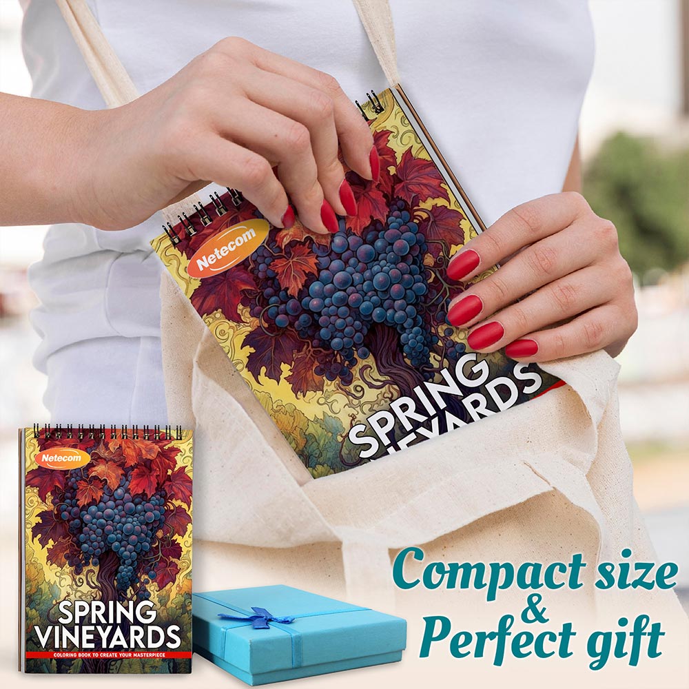 Spring Vineyards Coloring Book Spiral Bound For Adults, A5 Wooden Cover, 30 Refreshing Coloring Pages of vineyards flourishing for Stress Relief and Relaxation