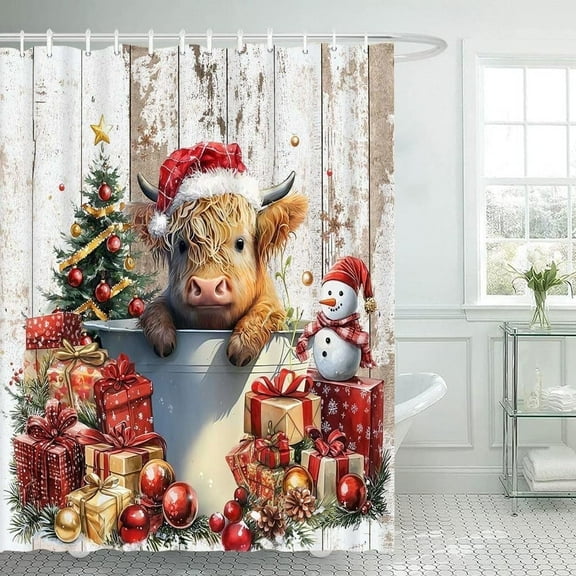 72x72 in Winter Western Highland Cow Christmas Shower Curtain