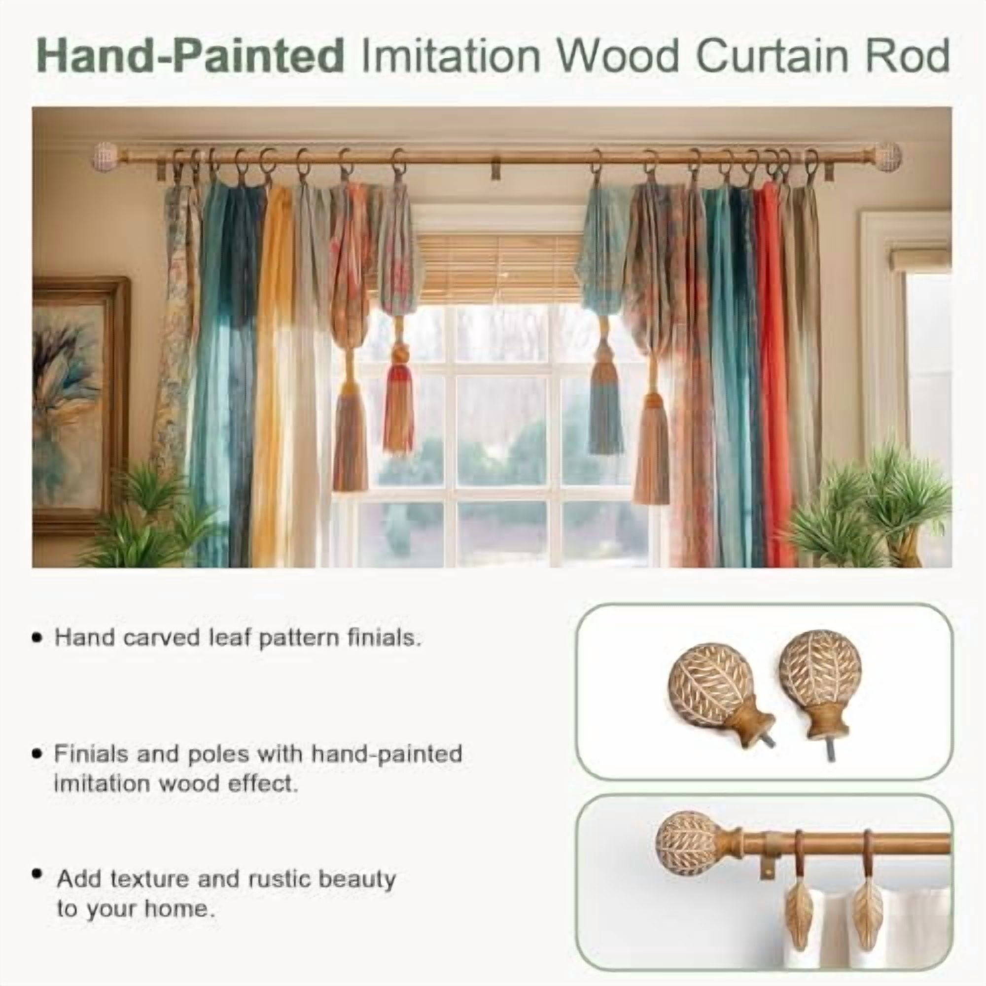 Wood Curtain Rods for Windows,1'' Diameter Drapery Rods with Imitation Wood Grain Leaf Pattern Finials,Boho Adjustable Heavy Duty Curtain Rods Set,18-45'',Color:Natural Wood