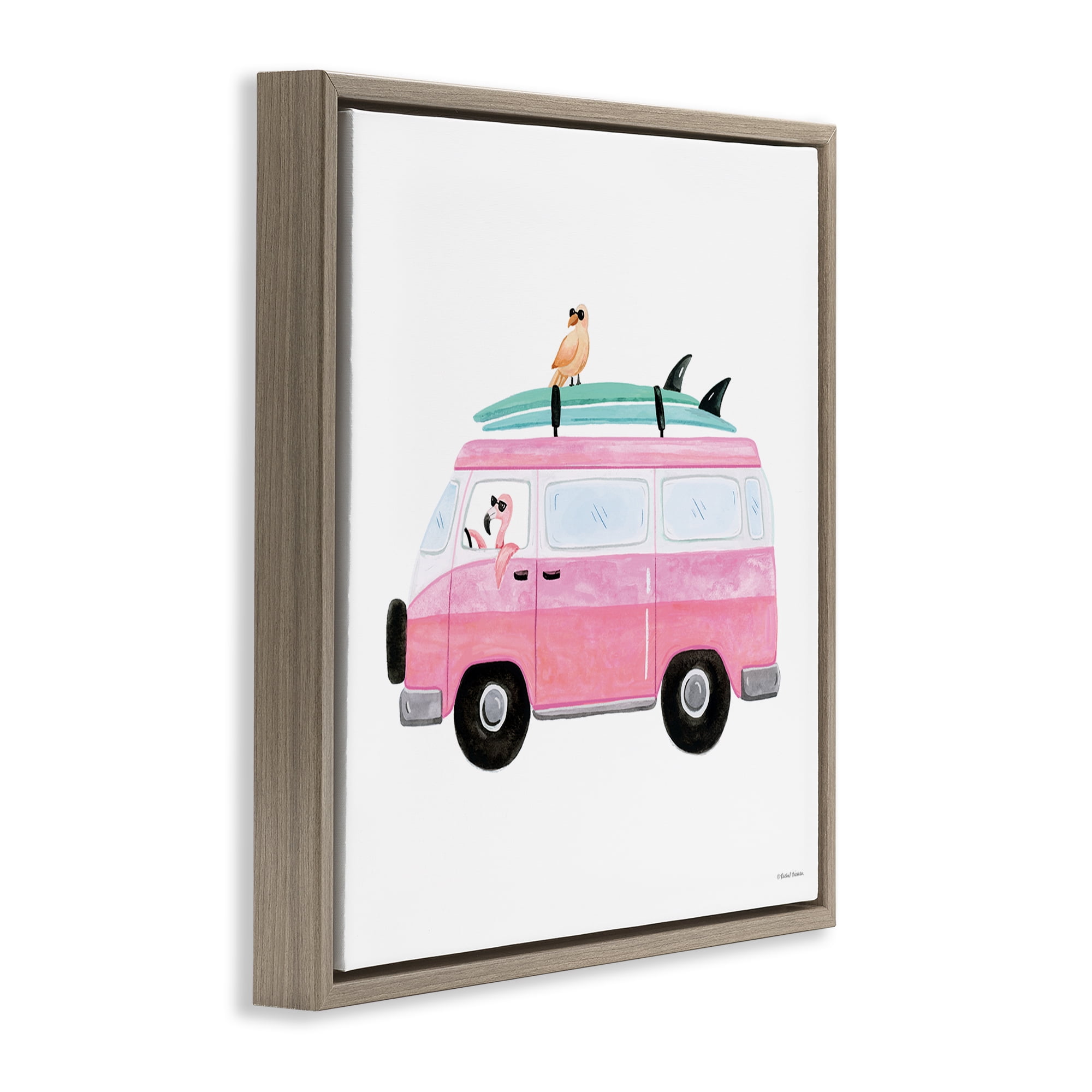 Stupell Industries Summer Birds & Van Transportation Painting Brown Floater Framed Canvas Art Print Wall Art, 18 x 18