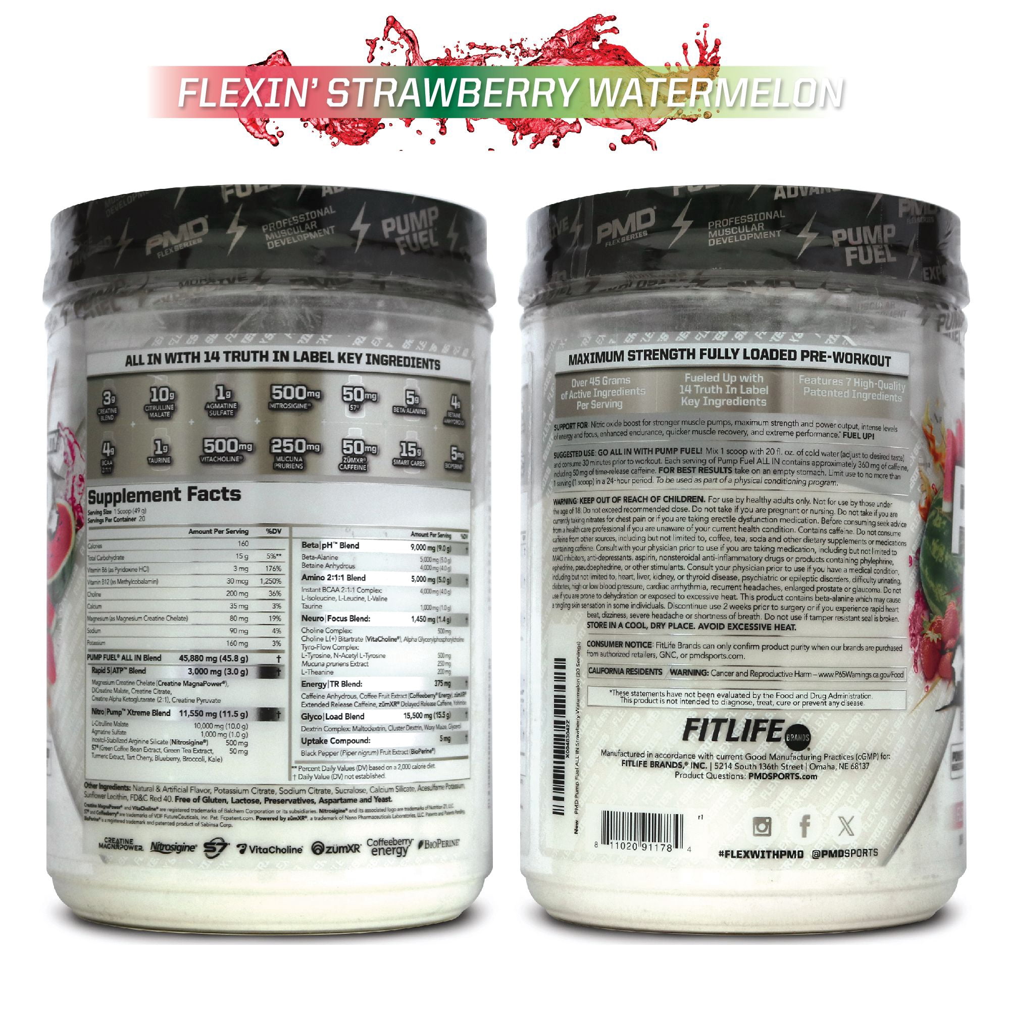 PMD Sports Pump Fuel ALL IN Insanity - Ultimate Muscle Pump Supplement & Pre Workout Powder - Maximum Energy and Focus with Premium Creatine, Beta Alanine & More - Strawberry Watermelon (20 Servings)