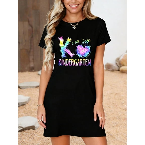 K is for Kindergarten Teacher Tie Dye Back to School Kinder T-Shirt Dress Casual Summer Dress Everyday Outfit
