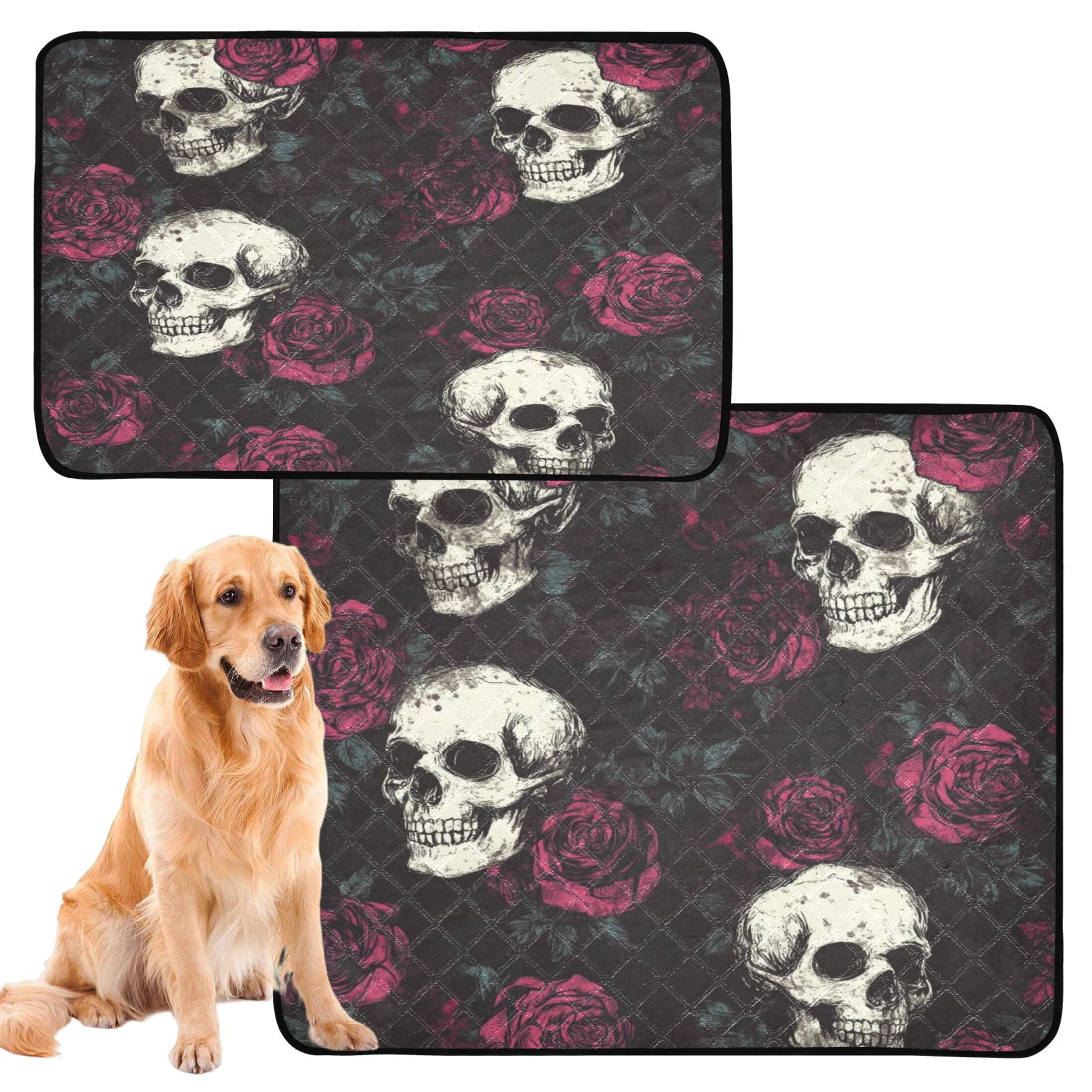 Qxltty Skull Burgundy Roses Pattern Cat litter Pads Pet Set of 3 Diaper Mats Center Anti-leakage Layer Absorbent Soft and Comfortable