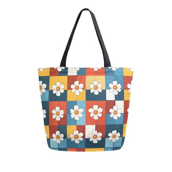 FORMRS Womens Canvas Tote Bag with Zipper Inner Pocket Shoulder Handbag, Yellow Checkered Daisy