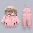 thumbnail image 1 of Toddler Baby Girl Winter Snowsuit Set Toddler Hoodied Down Coat Jacket Top + Suspenders Pants Winter Clothes for Kids Boys Girls（1-5 Years）,Pink,1-2 Years, 1 of 3