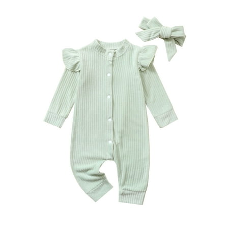 

Qiylii Baby Girls Romper Solid Color Button-down Long Sleeve Romper+Headdress