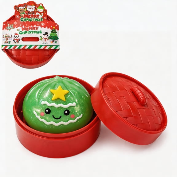 Christmas Bao Bun Squishy Toy, 3.2 Inch Glitter Squishy Fidget Toys, Mystery Stress Ball Squishies for Christmas with Steamer Container for Kids Adults Christmas Stocking Stuffer
