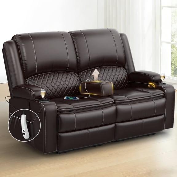 Power Reclining Loveseat for Home Theater & RV, Wall-Hugger Design with USB Charging, Storage Console, Removable Armrests & Double Cushions, Faux Leather Brown
