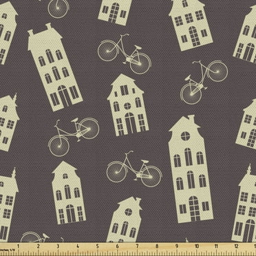 Amsterdam Upholstery Fabric by the Yard, Retro Houses and Bicycles Pattern Architecture and Urban Life in Holland, Decorative Fabric for DIY and Home Accents, 5 Yards, Dark Taupe Cream by Ambesonne