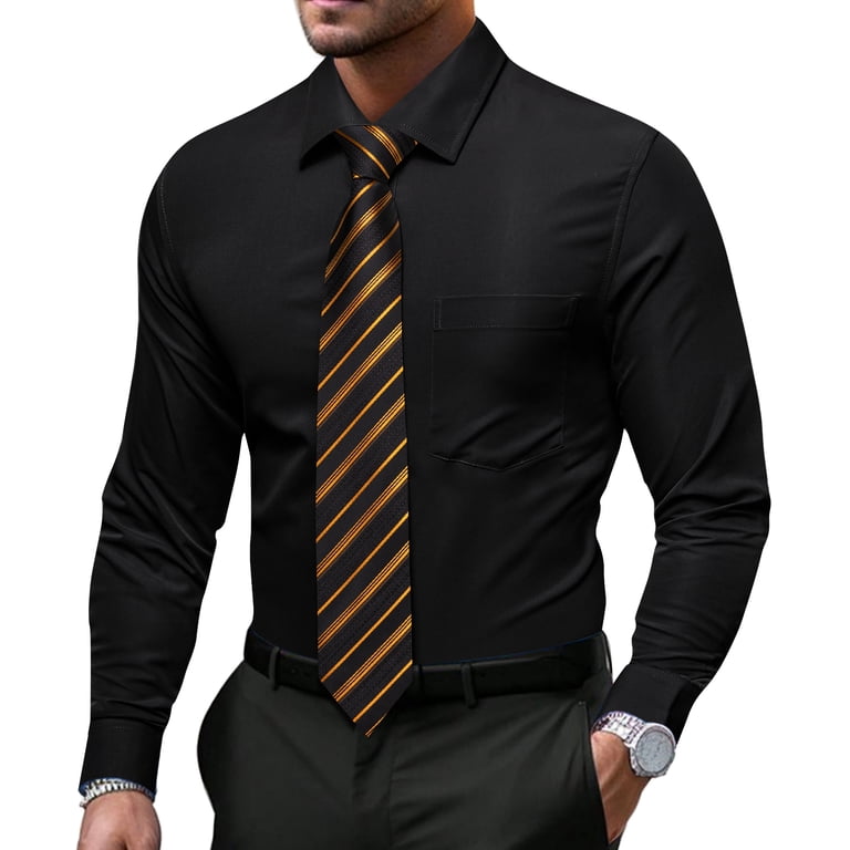 black dress shirt with gold tie Solid Colors Mens Matching Set Formal Business Wedding Shirts Long Sleeve Button Down Casual 6PCS party holiday