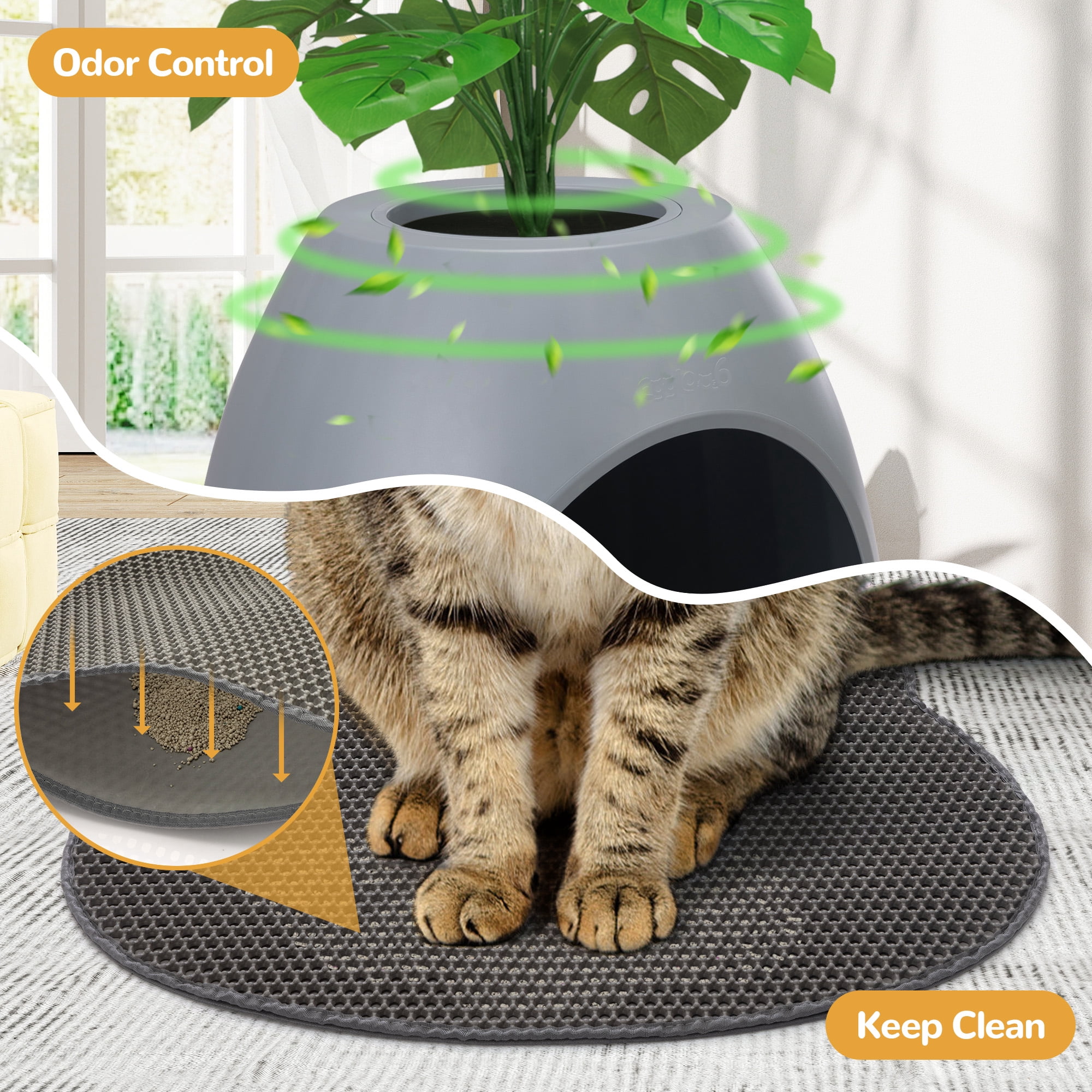 COZIWOW Hidden Cat Litter Box with Artificial Plants Cat Litter Mat Scoop DIY Litter Box Furniture, Gray