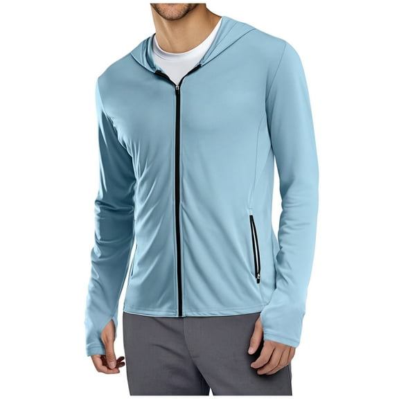 yardsong Men Upf 50 Sun Protection Hoodie Jacket Lightweight Full Zip Hoodies Long Sleeve Shirts for Men Hiking Fishing Athletic Running Light Blue,M