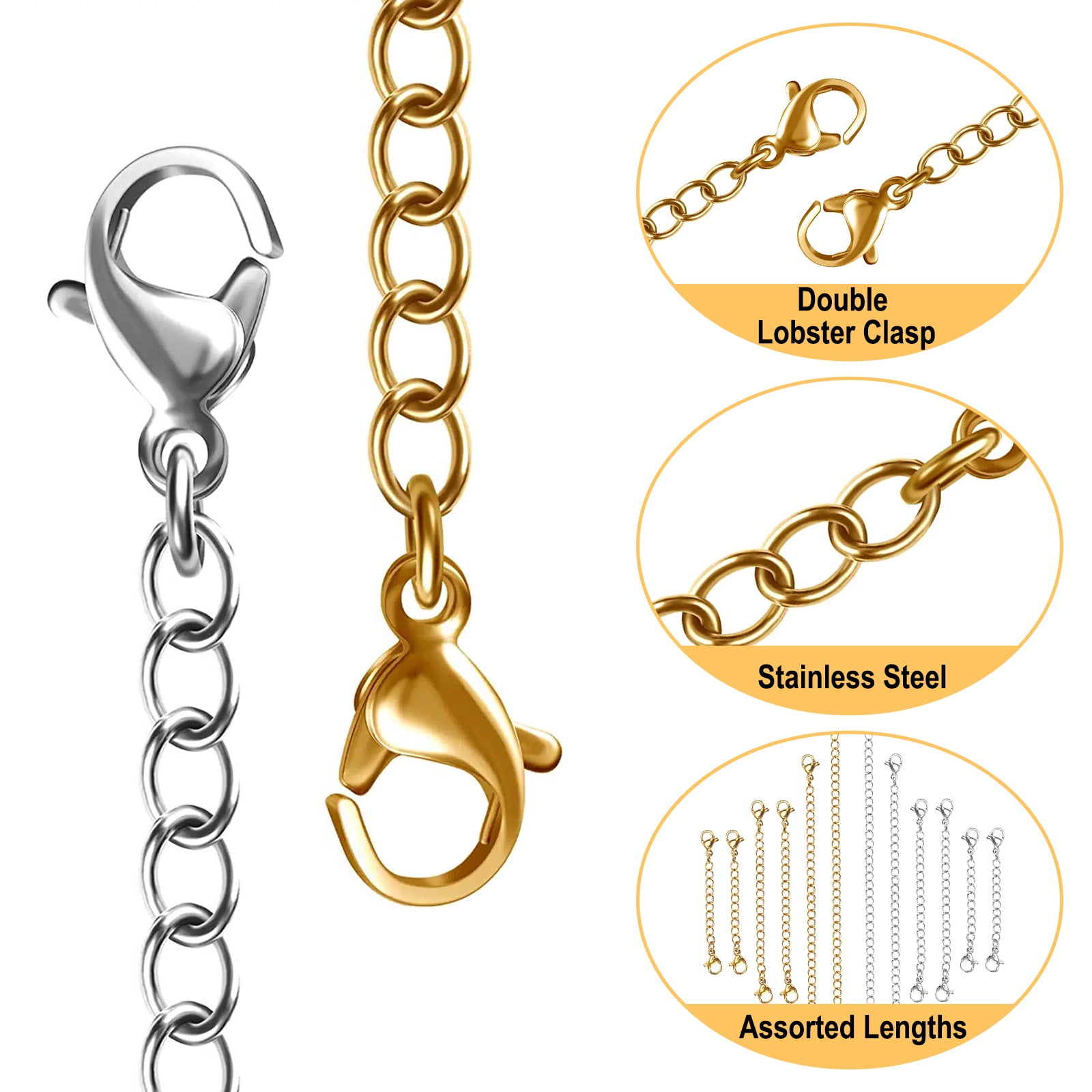 24pcs Necklace Extender, TSV Stainless Steel Bracelet Extender Chain Set  with Lobster Clasps Closures, Extensions 2, 3, 4, 6， Gold and Silver