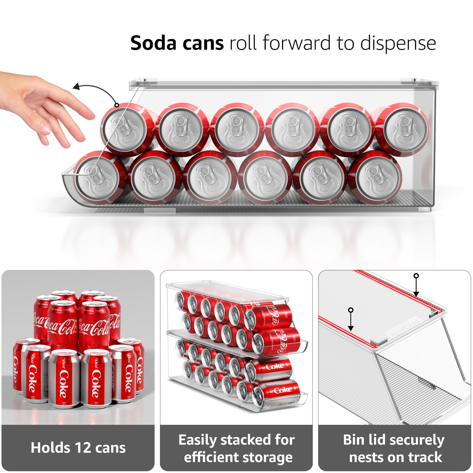 Sorbus Soda Can Organizer for Refrigerator and Egg Holder for Fridge Set, Stackable Can Holder Dispenser and Egg Holder with Lid for Fridge, Pantry, Freezer - BPA-Free, Clear Design
