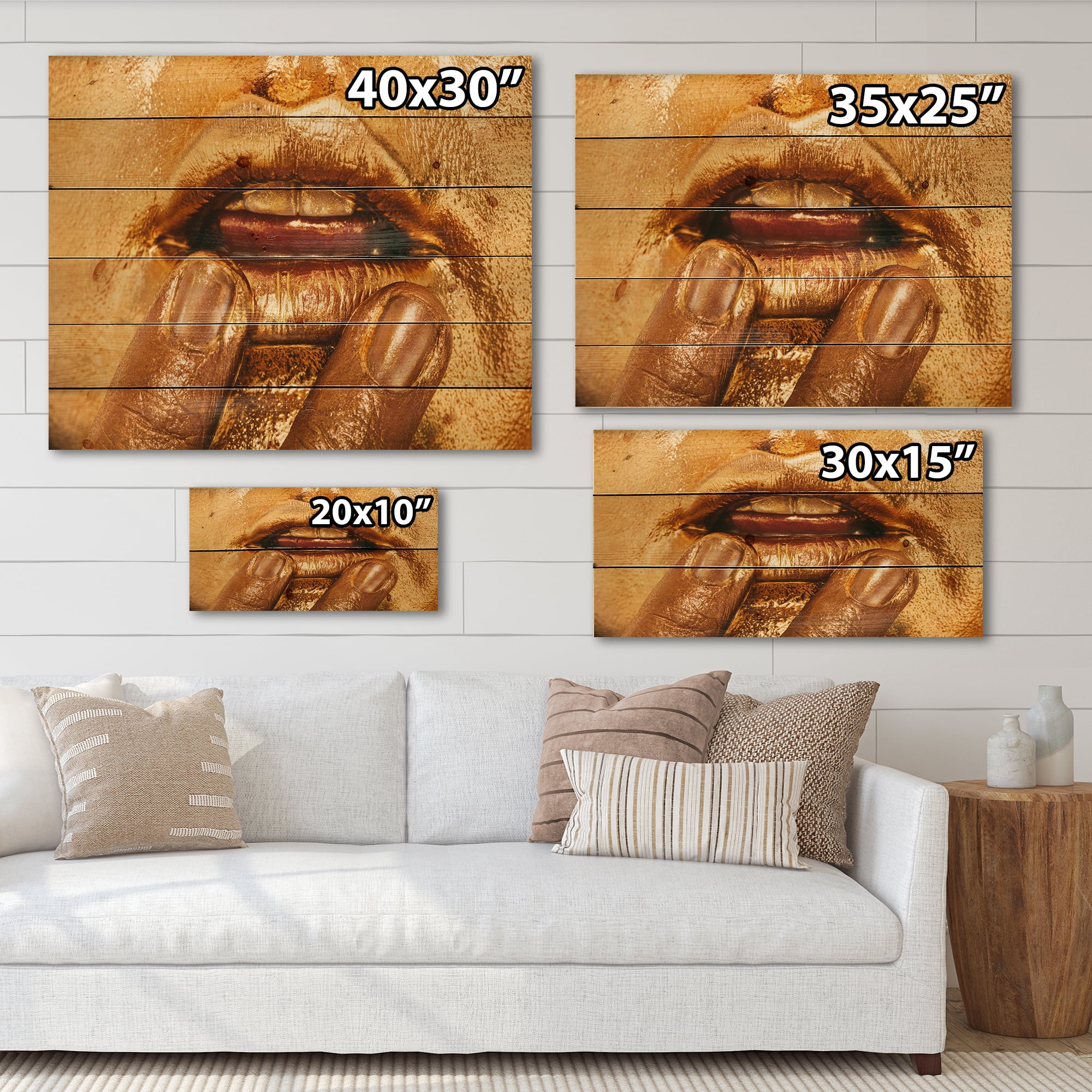 Designart 'Close Up Of Female Lips With Bright Golden Makeup i' Modern Print on Natural Pine Wood