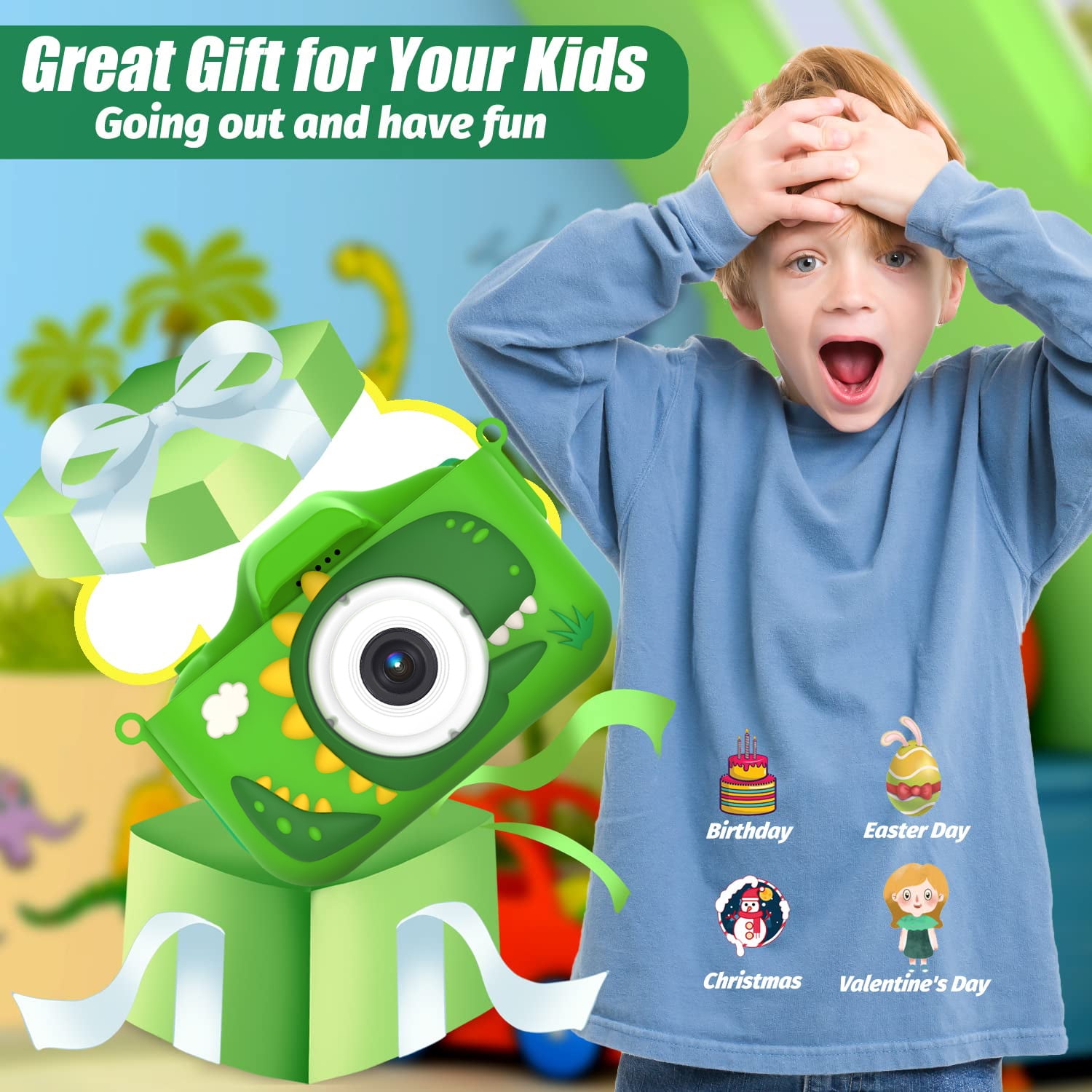 ALLJOY Kids Camera with 32GB SD Card 1080P Dinosaur Digital Camera for Kids Toddler 3 4 5 6 7 8 Year Old,Christmas Birthday Gifts