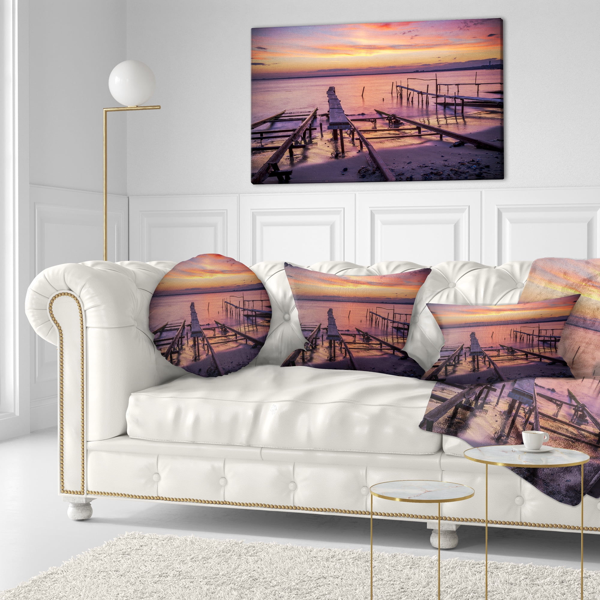 Designart Fishing Pier in Sea at Sunset - Seashore Throw Pillow - 12x20