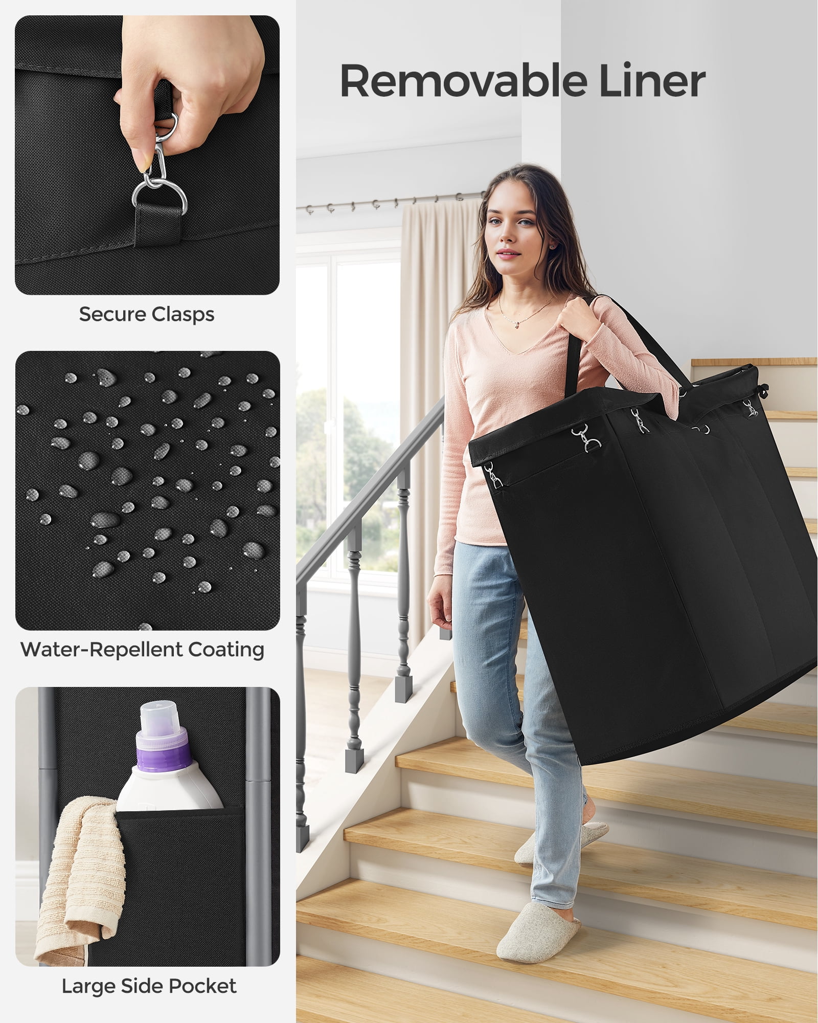 200L Laundry Sorter 3-Section Laundry Basket with Wheels Rolling Laundry Hamper with Removable Liner Ink Black