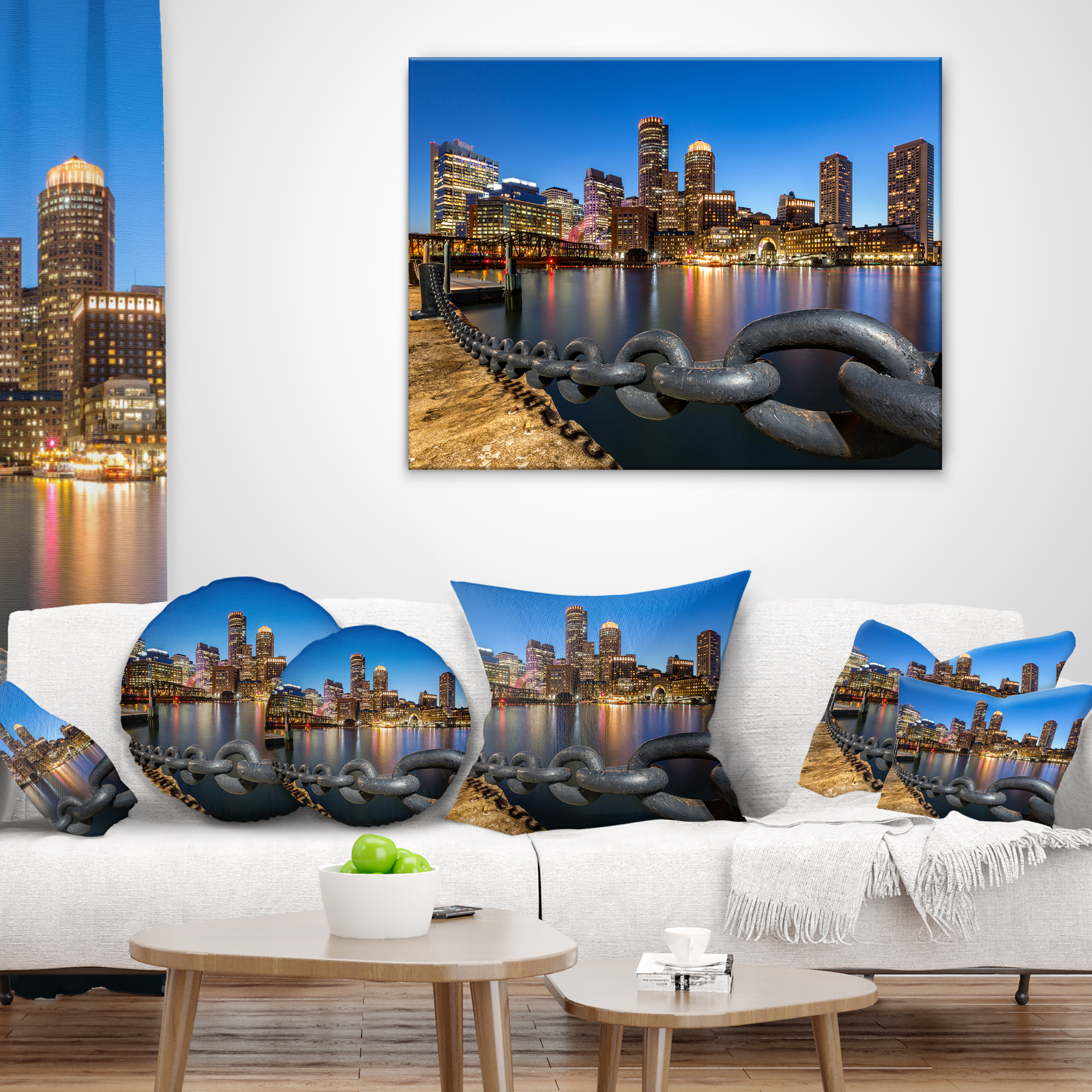 Designart Boston Skyline at Dusk - Cityscape Photo Throw Pillow - 12x20