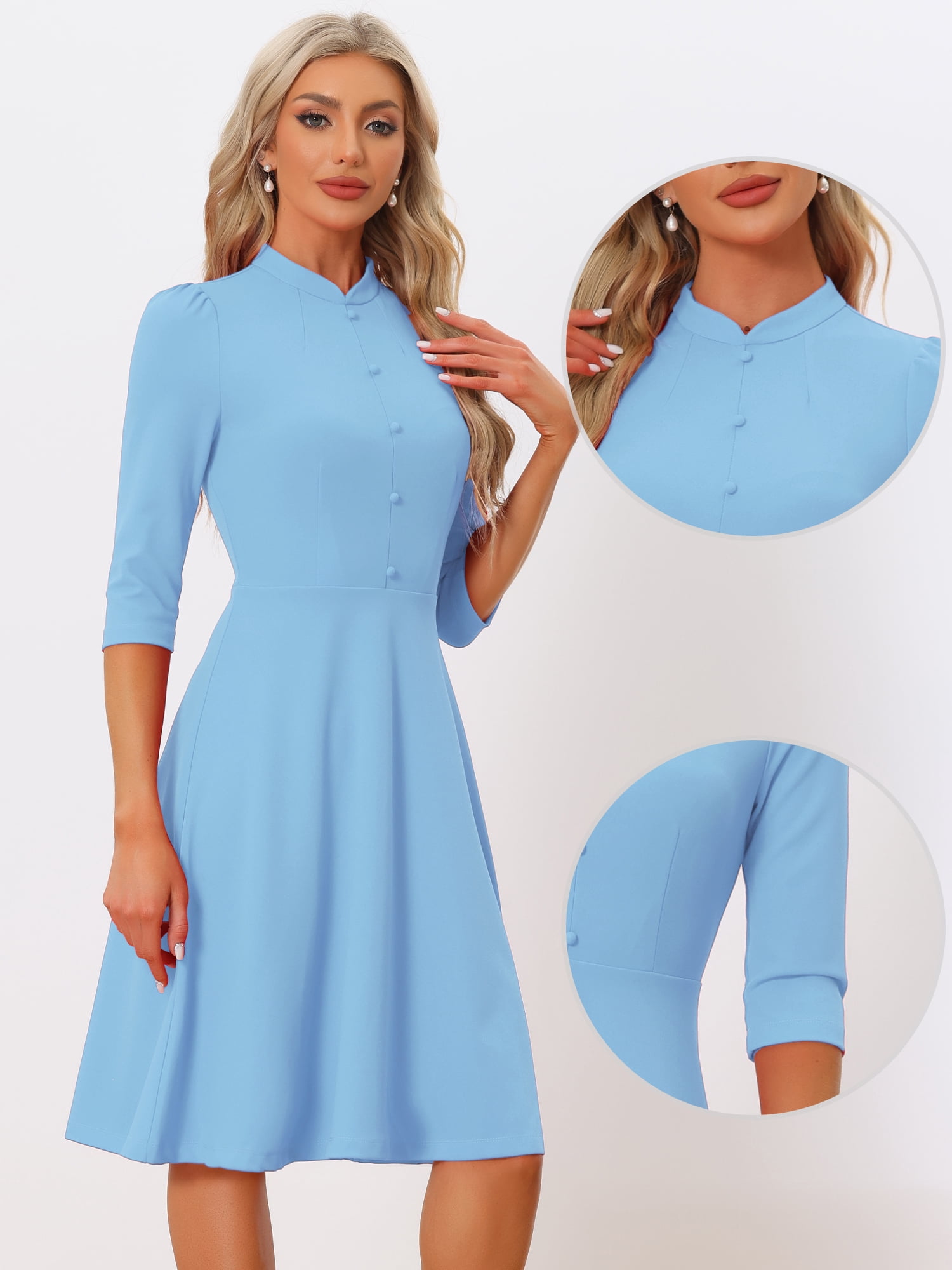 DARING DIVA Women's Vintage 3/4 Sleeve Church Semi Fit and Flare Dress XS Sky Blue