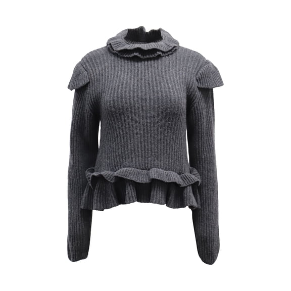 Pre-Owned Ganni Cut-out Ruffled Ribbed Sweater in Grey Wool