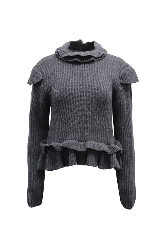 Pre-Owned Ganni Cut-out Ruffled Ribbed Sweater in Grey Wool