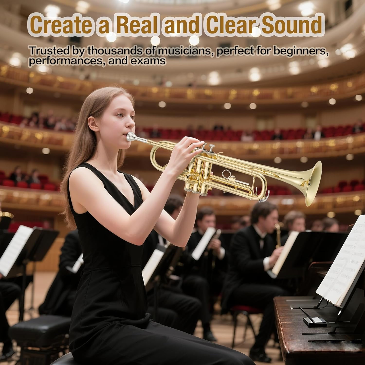 B-Flat Trumpet, Gold Nickel-Plated Brass with Hard Case, Gloves & Cleaning Kit, 3-Valve Trumpet for Beginners and Adults, Suitable for School Bands and Practice