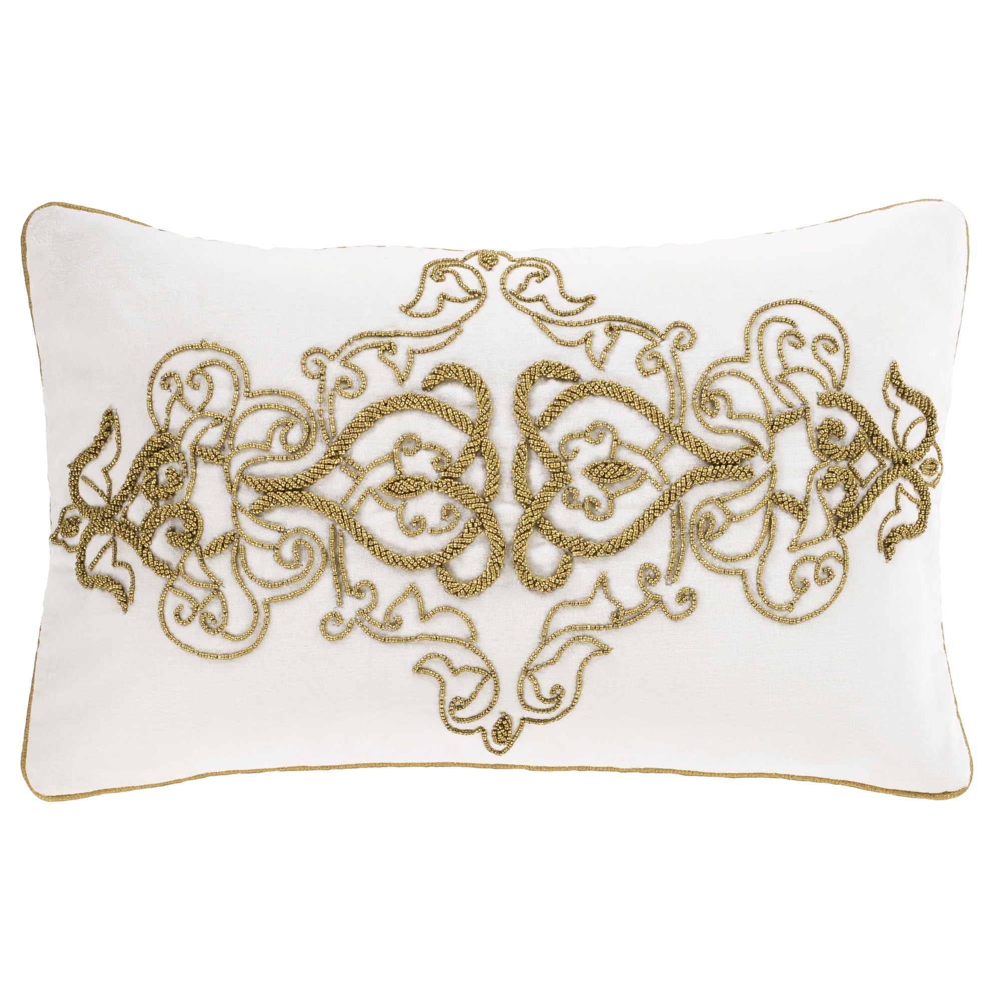 20" White with Gold Beads Traditional Rectangular Throw Pillow Poly