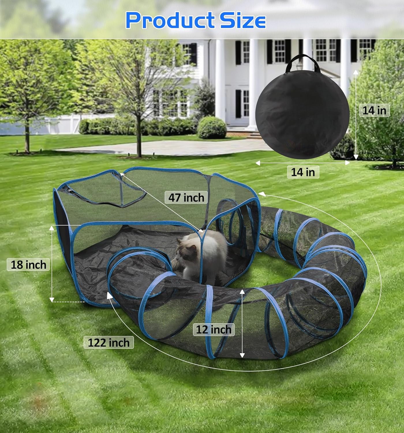 Senhu Outdoor Cat Enclosures, Portable Cat Tent for Outside Cat Playpen Enclosed with Tunnel, Catio Cat Enclosure for Indoor Cats and Other Small Animals Blue