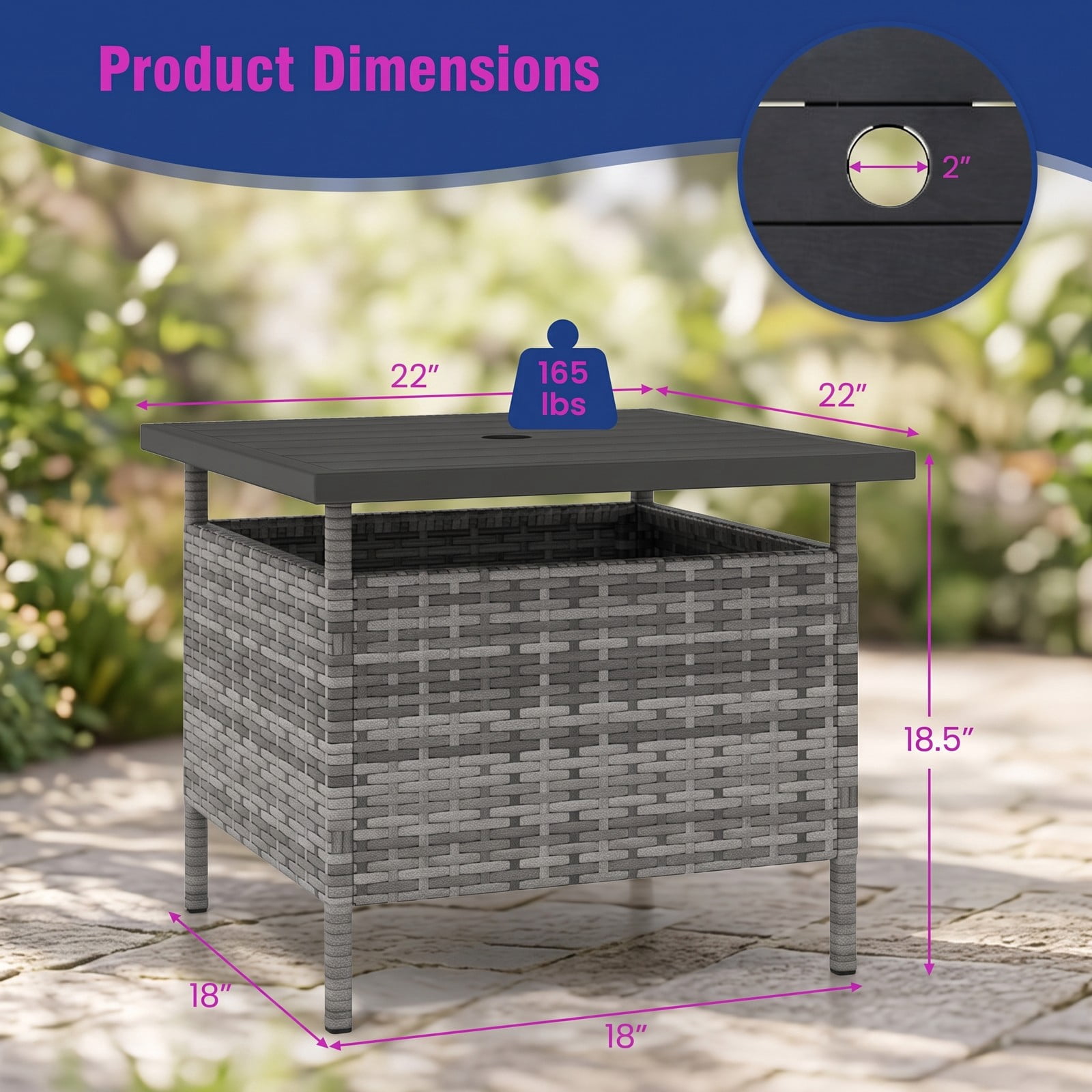 Furnibear Patio Square Wicker Side Table with Umbrella Hole, PE Rattan Outdoor End Table, Faux Wood Tabletop Metal Frame Coffee Table for Yard Garden Backyard, Gray