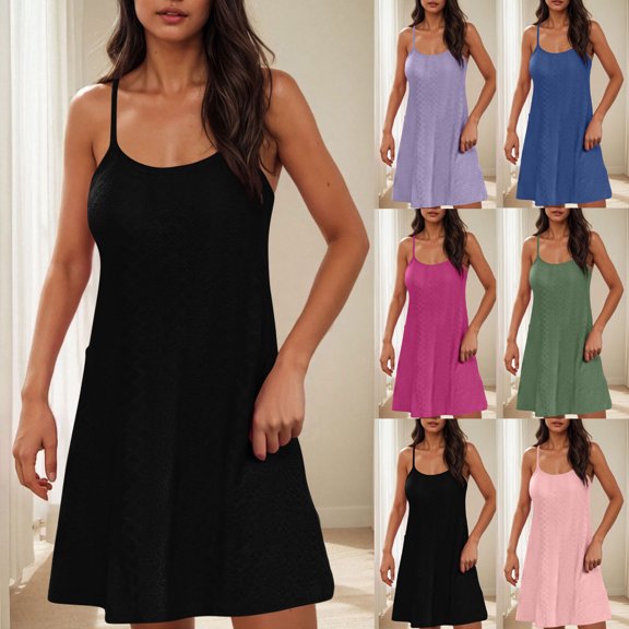 Summer Dresses for Women 2025, Women's Fashion Casual Solid Color Pocket Summer Sleeveless Round-Neck Dress(Black,S)