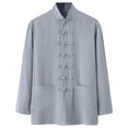 thumbnail image 2 of Mens Shirts Long Sleeve Cotton Linen Retro Mandarin Collar Chinese Button Blouse Tops with Pockets, 2 of 7