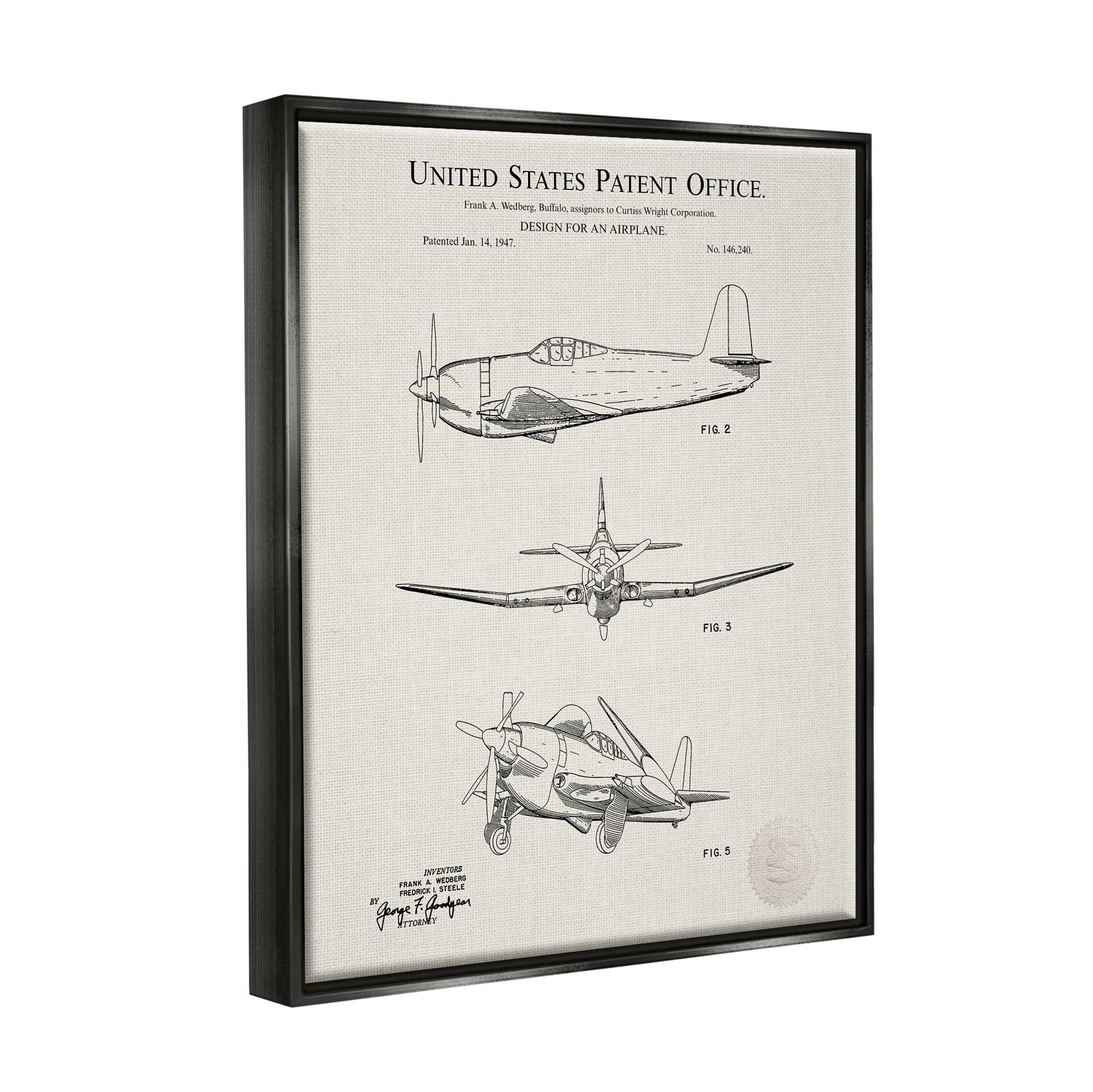 Stupell Industries Detailed Vintage Plane Patent Graphic Art Jet Black Floating Framed Canvas Print Wall Art, Design by Karl Hronek