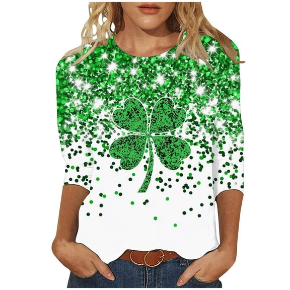 3/4 Sleeve Blouses for Women Dressy,St. Patrick's Day Women's Tie Dye 3/4 Sleeve T-Shirt Leaf Clover Print Casual Loose Tops for Holiday Party & Daily Wear